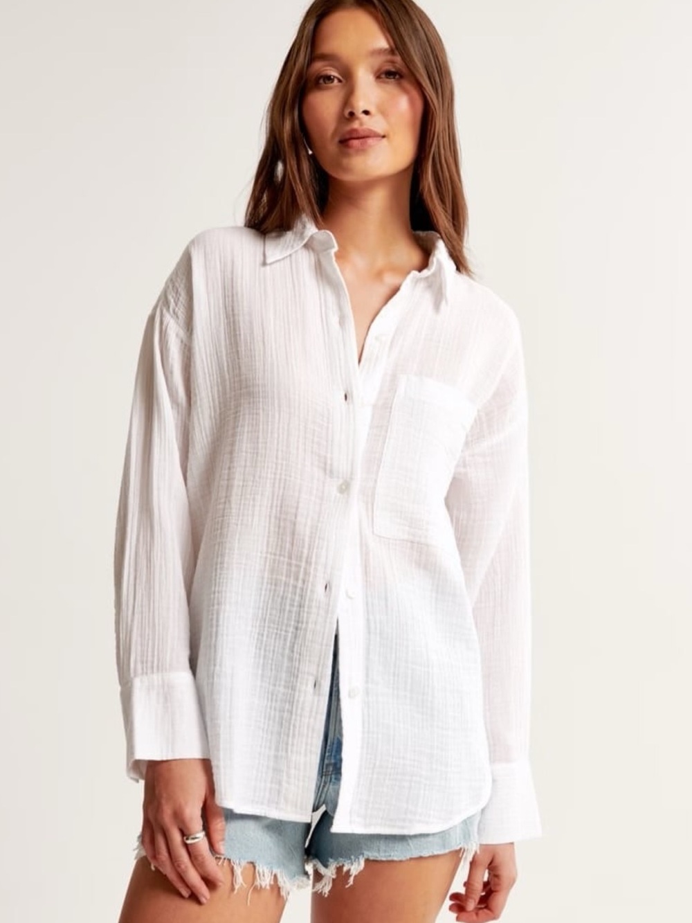 Abercrombie & Fitch White Crinkled Button Down Shirt Size L Lightweight